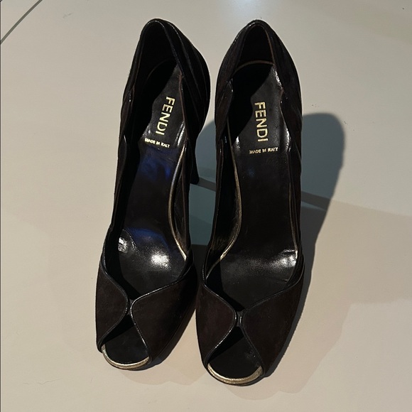 Fendi Brown Suede Peep-Toe Heels - Picture 2 of 11